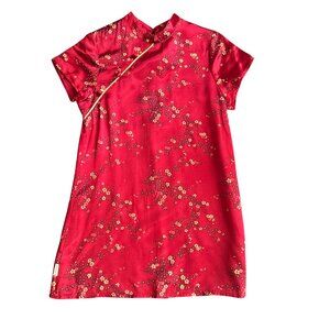 Guess Girls Red Mandarin Collar Floral Satin Dress 6Y Short Sleeves Vintage Styl